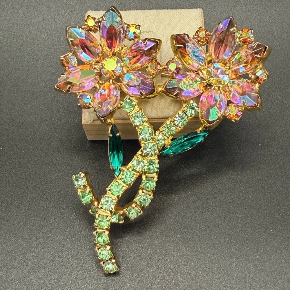 Vintage Juliana D&E Pink Green AB Rhinestone Floral Spray Brooch Gold Tone
